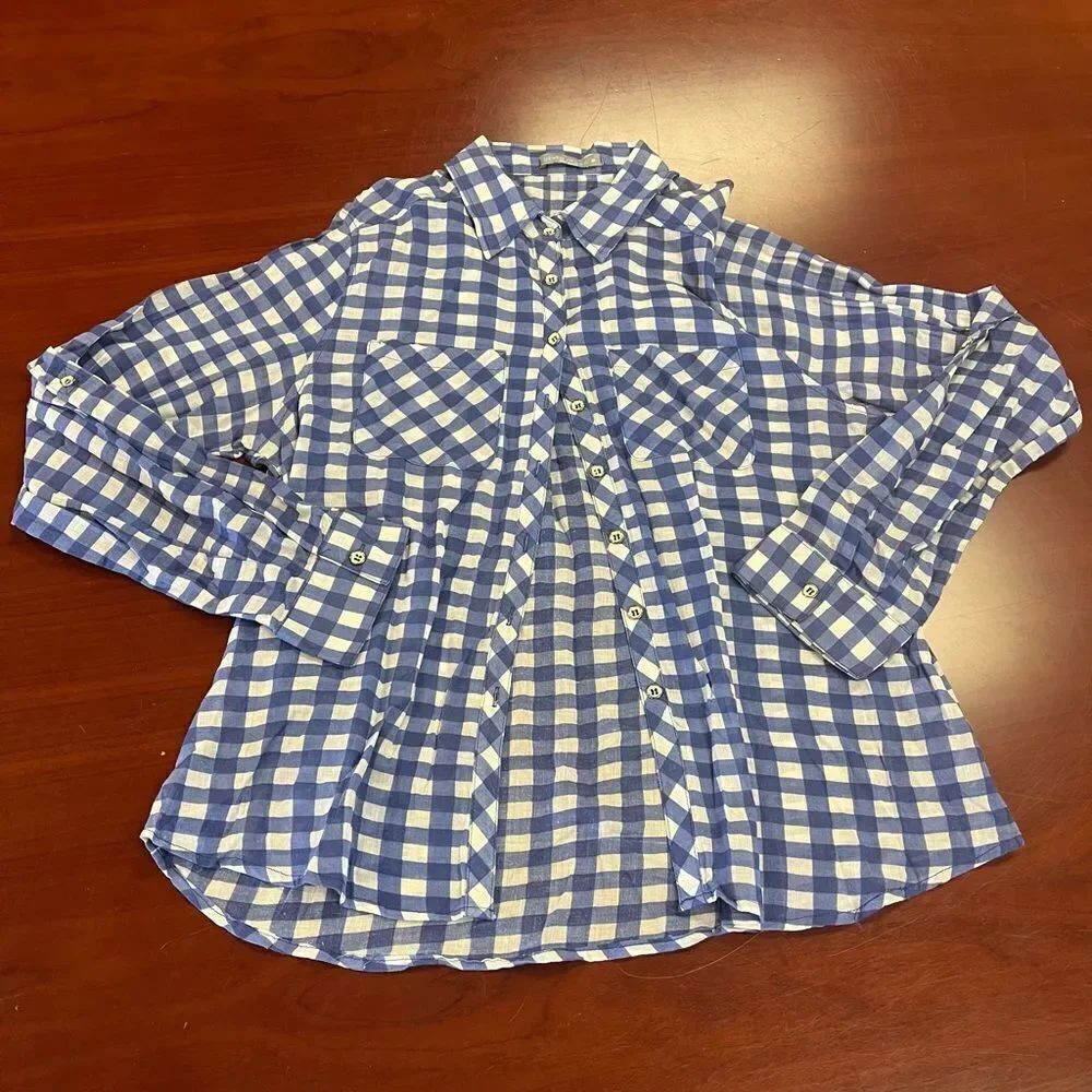Olivia Moon Blue & White Gingham Button Down Shirt sz XL NWOT